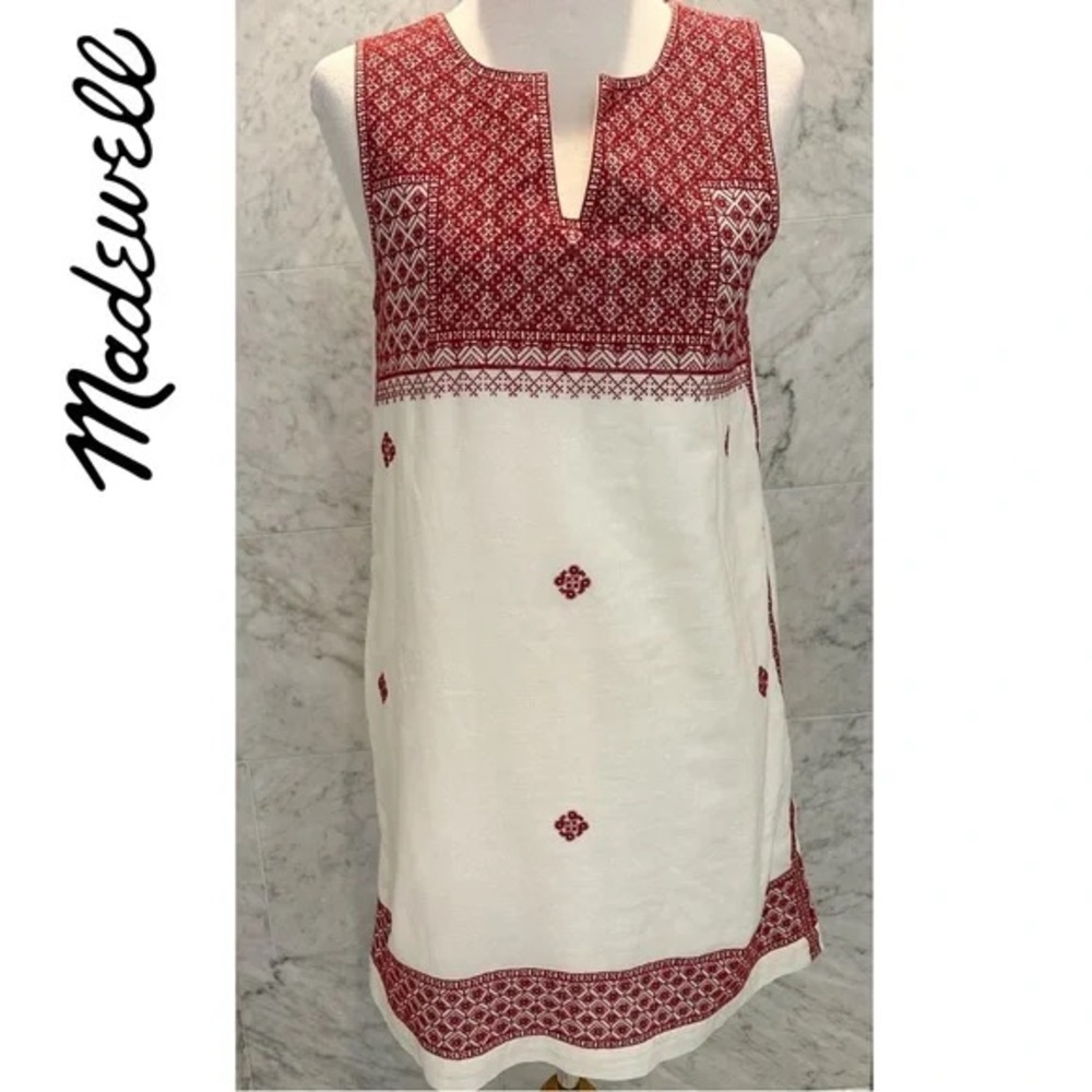 Madewell Women’s Sleeveless White Shift Dress with Pink Embroidered Trim Size 6 - Picture 3 of 10